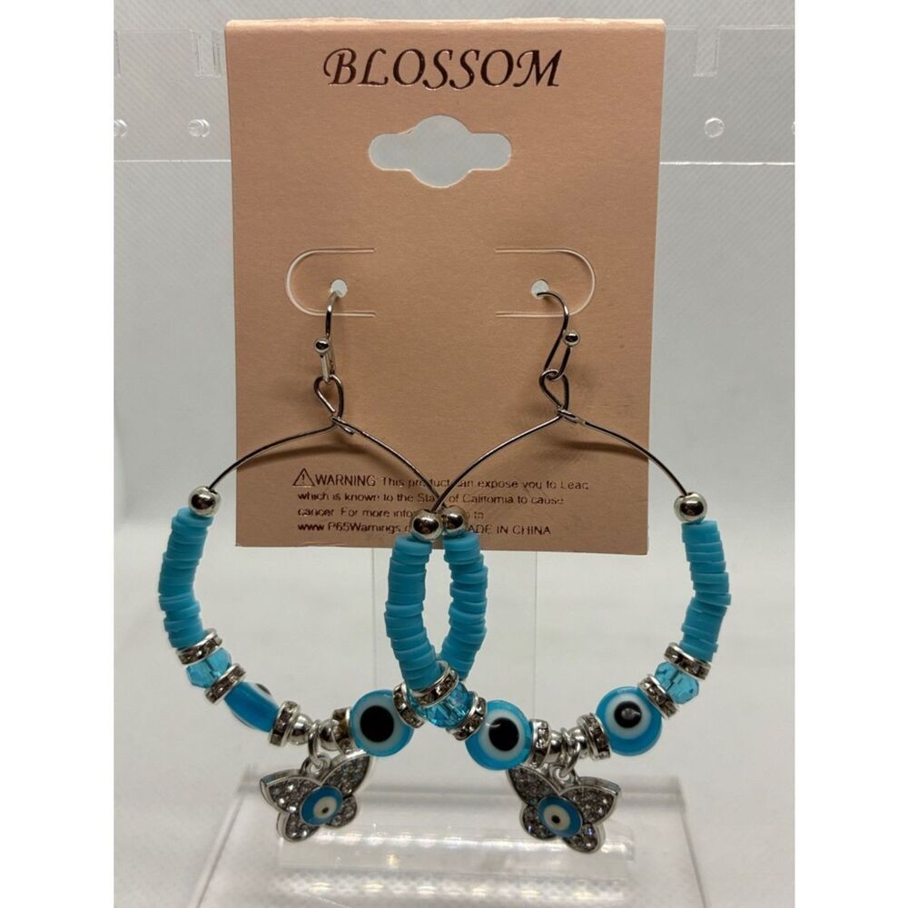 3For$20 Blossom Turquoise Blue Evil Eye  Beaded Hoop Earrings with Charm